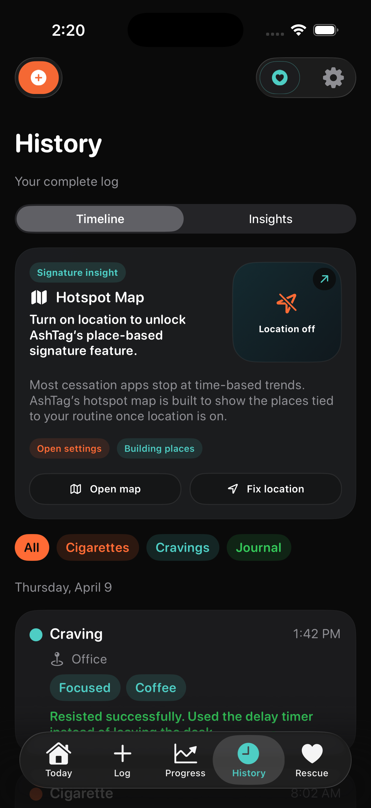 Hotspot Map screen showing place-based smoking context.