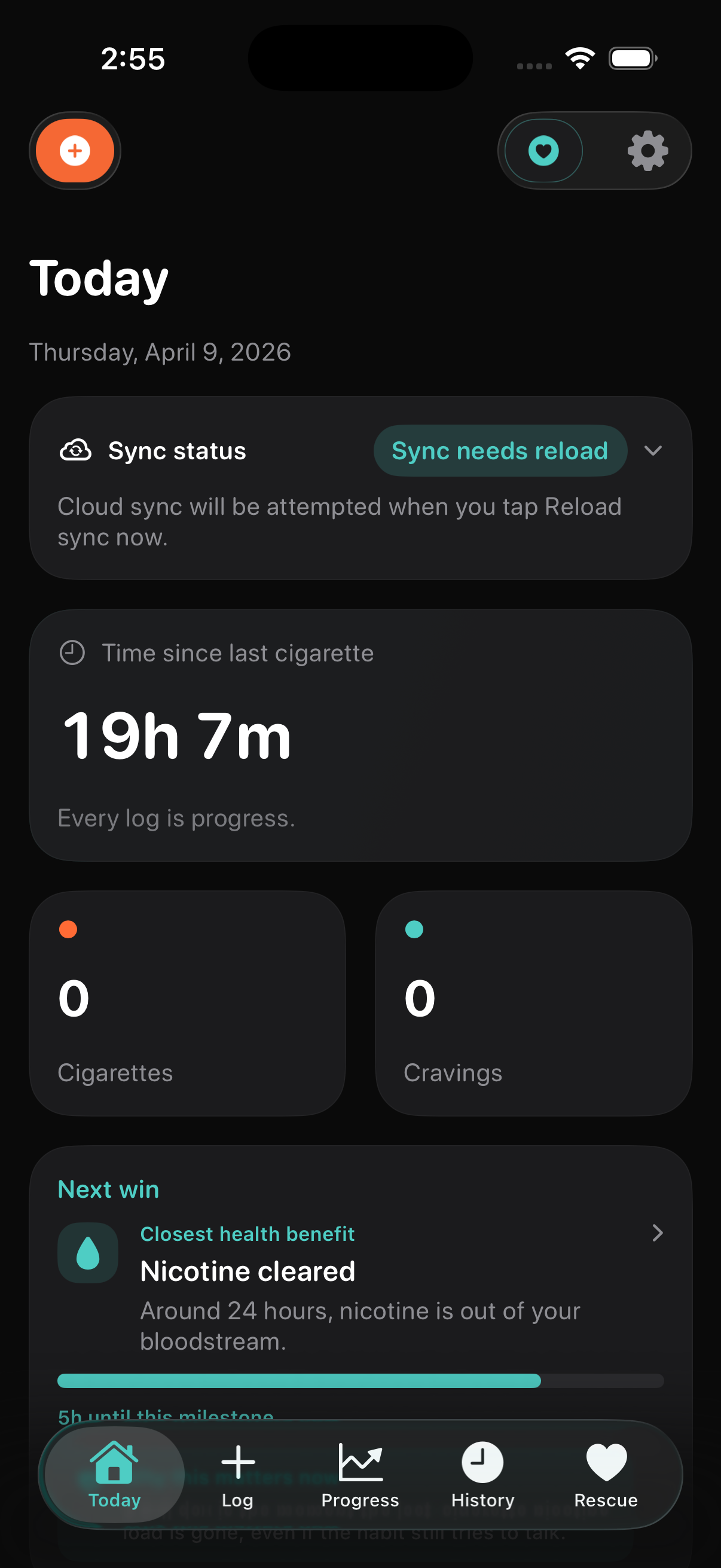 Today screen with the sync status collapsed into a quieter summary.