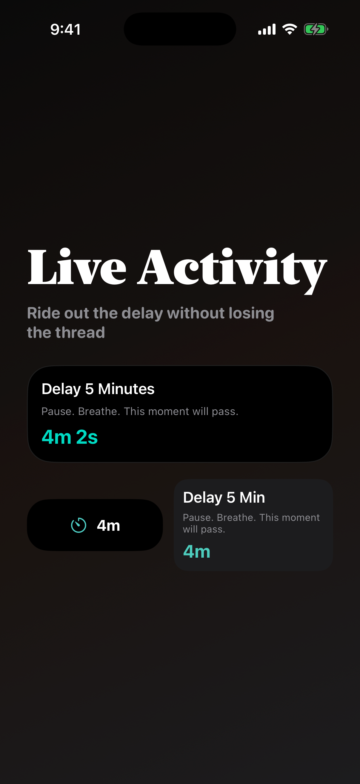 QuitGentle Live Activity preview for a delay session timer.