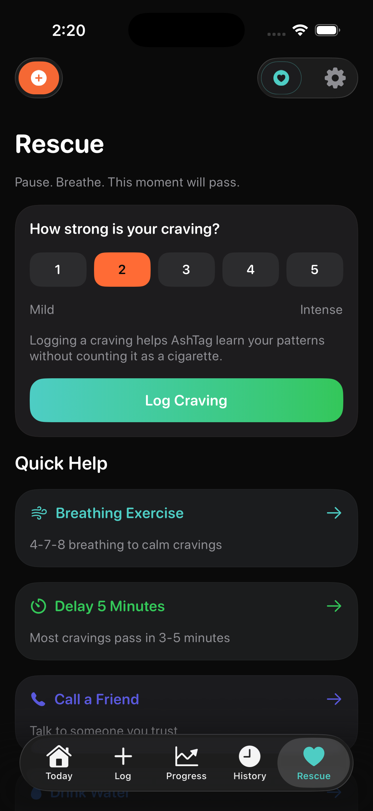 QuitGentle Rescue screen with delay, breathing, walk, hydration, and reflection tools.