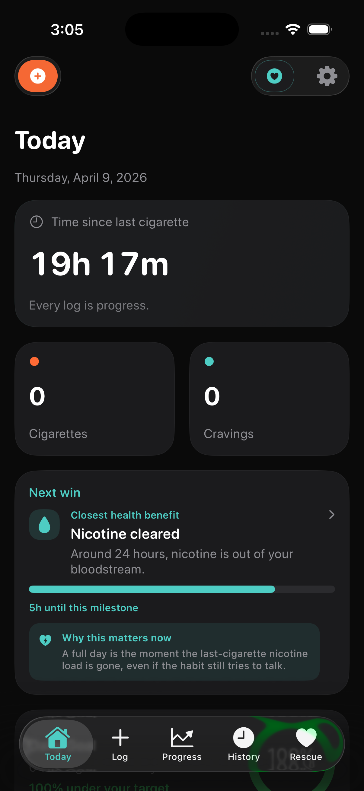 QuitGentle Today screen showing recent progress, logging, and support.
