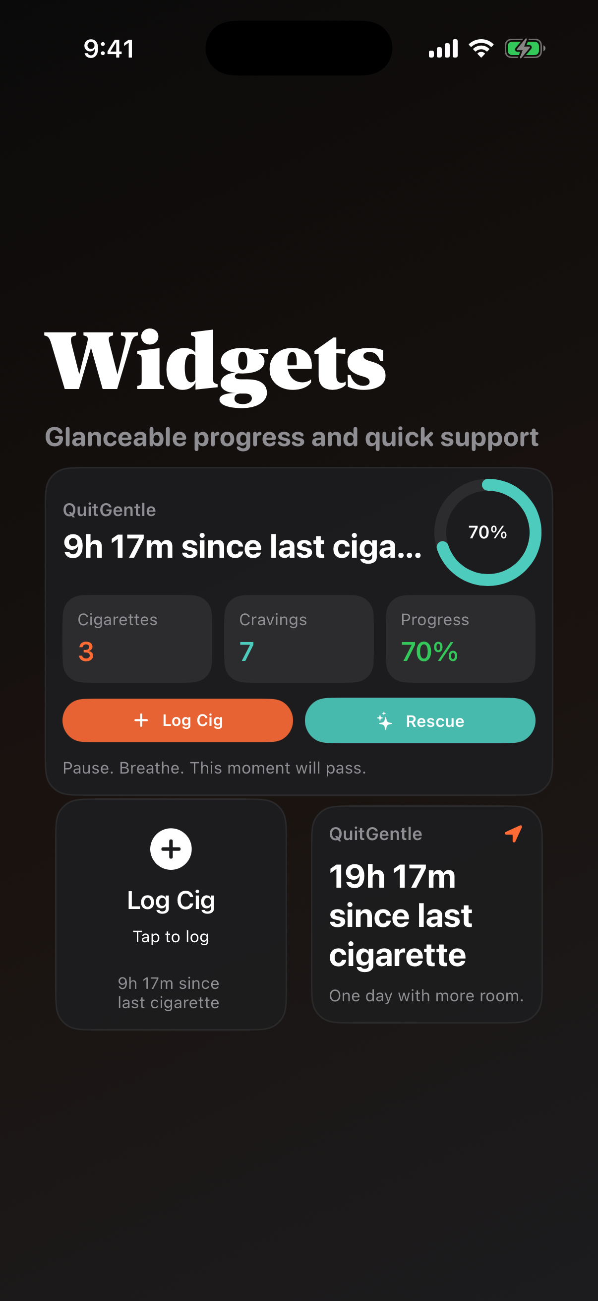 QuitGentle widget preview showing time since last cigarette and progress context.